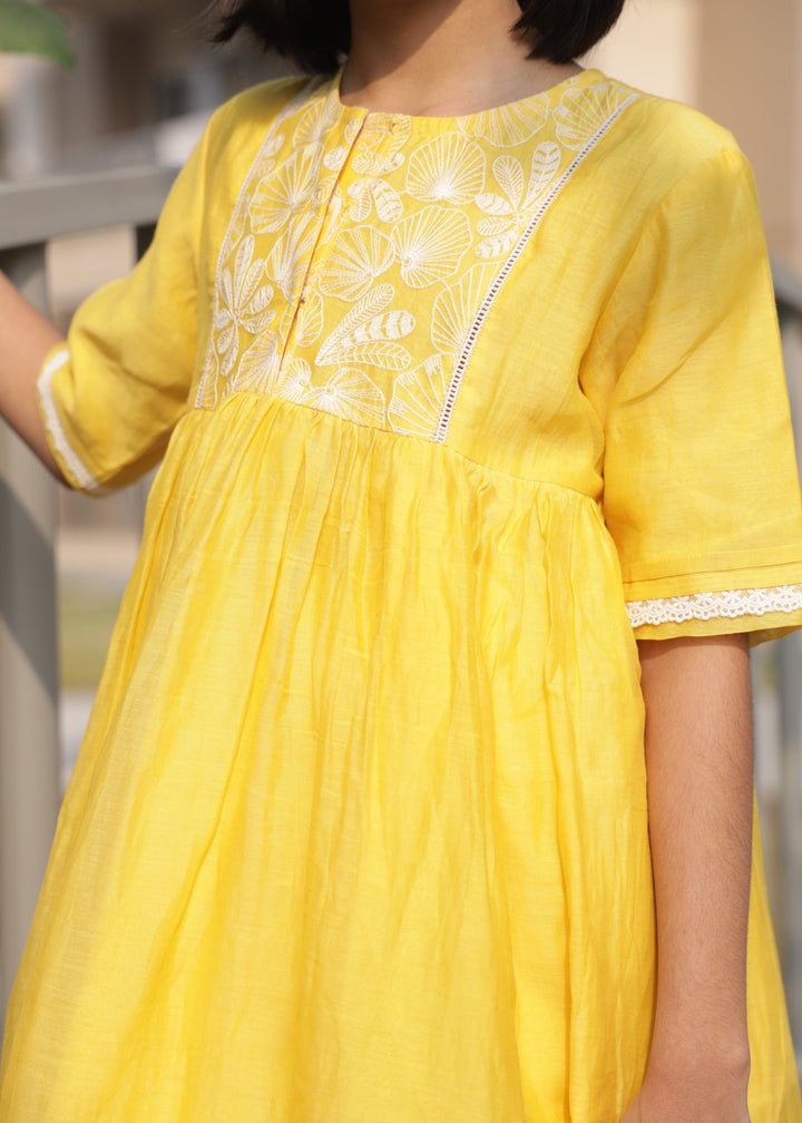 Yellow Thread Embroidered Pure Chanderi Kurti Pant Set