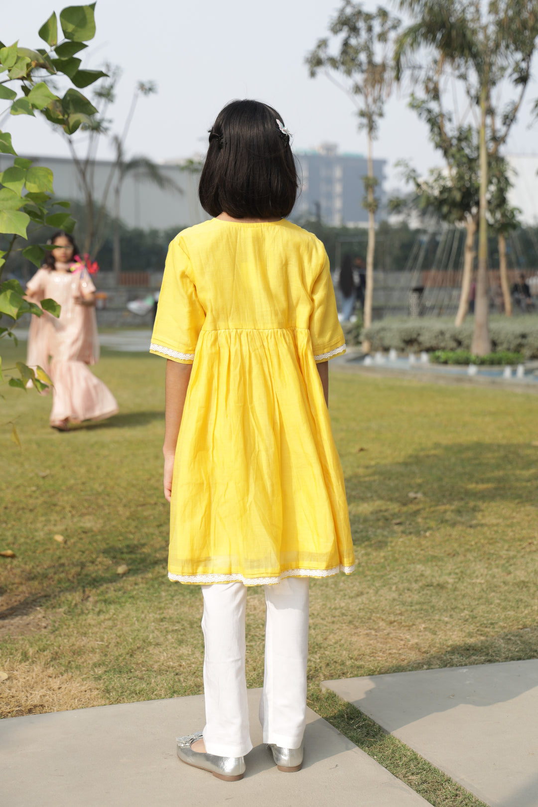 Yellow Thread Embroidered Pure Chanderi Kurti Pant Set