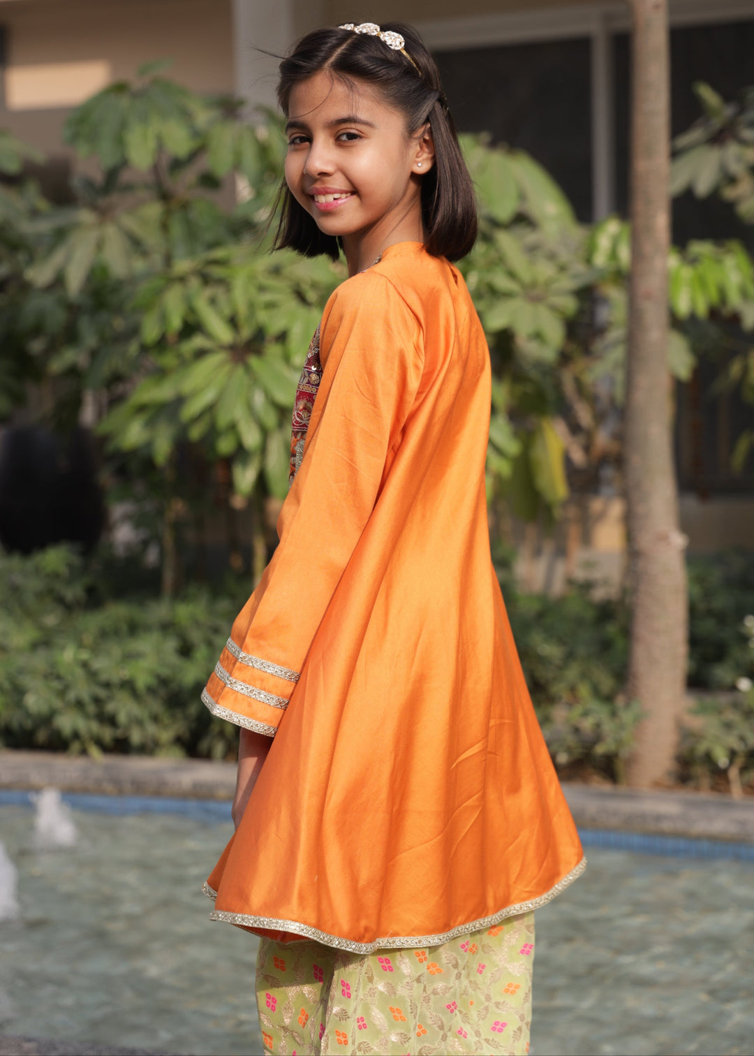 Orange Hanging Detailing Embroidered Cotton Kurta With Tulip Pant Set