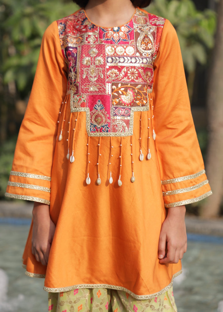 Orange Hanging Detailing Embroidered Cotton Kurta With Tulip Pant Set