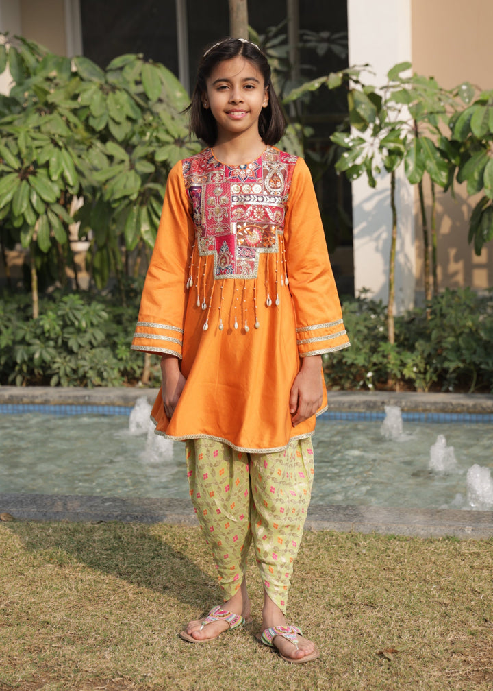 Orange Hanging Detailing Embroidered Cotton Kurta With Tulip Pant Set
