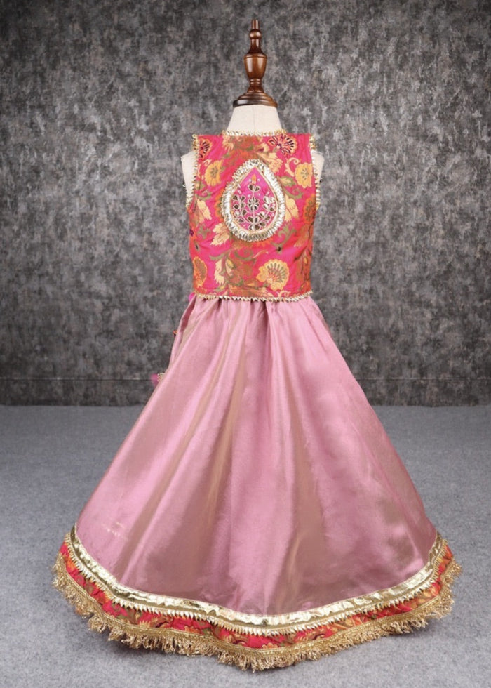 Magenta & Onion Gota Lace Detailing  Brocade Top And Lehenga Set