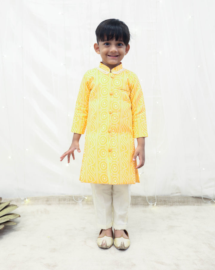 Orange Cotton Bandhej Achkan With Pant Set
