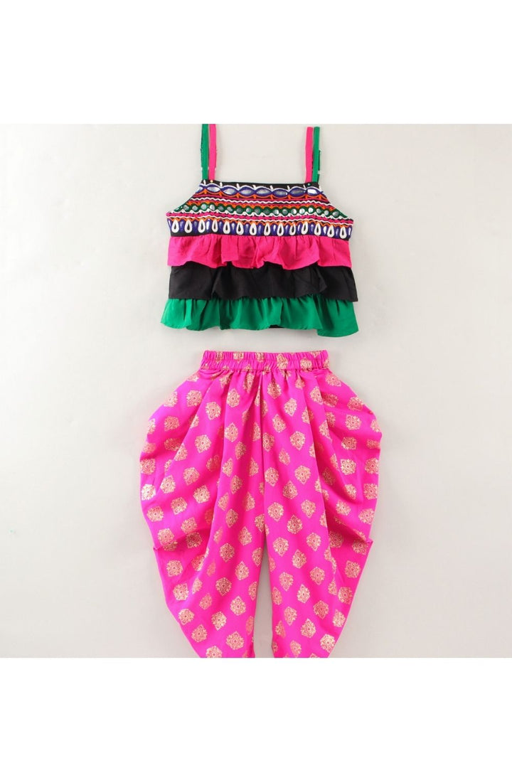 Multicolor Embroidered Layered Top & Pink Foil Printed Dhoti Pant Set