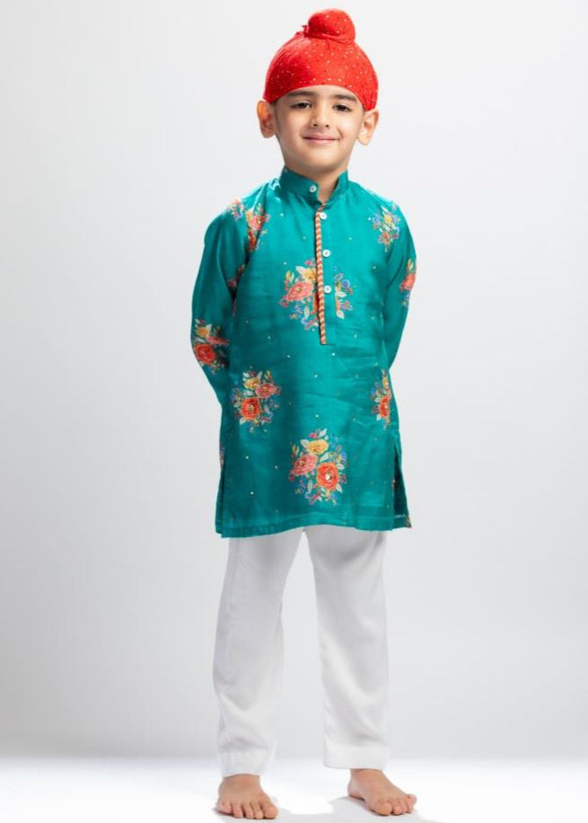 Green Big Floral Printed Kurta With White Pyjama Set