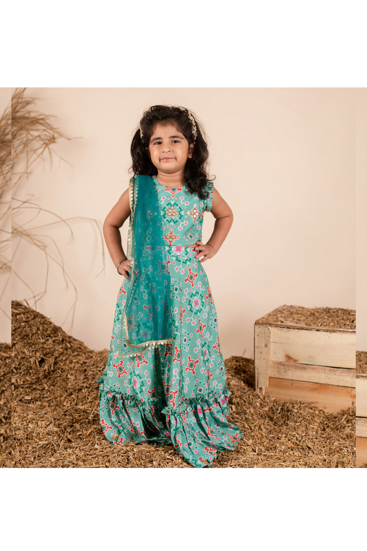 Green Ikkat Printed And Stones Embellished Top With Lehenga Set