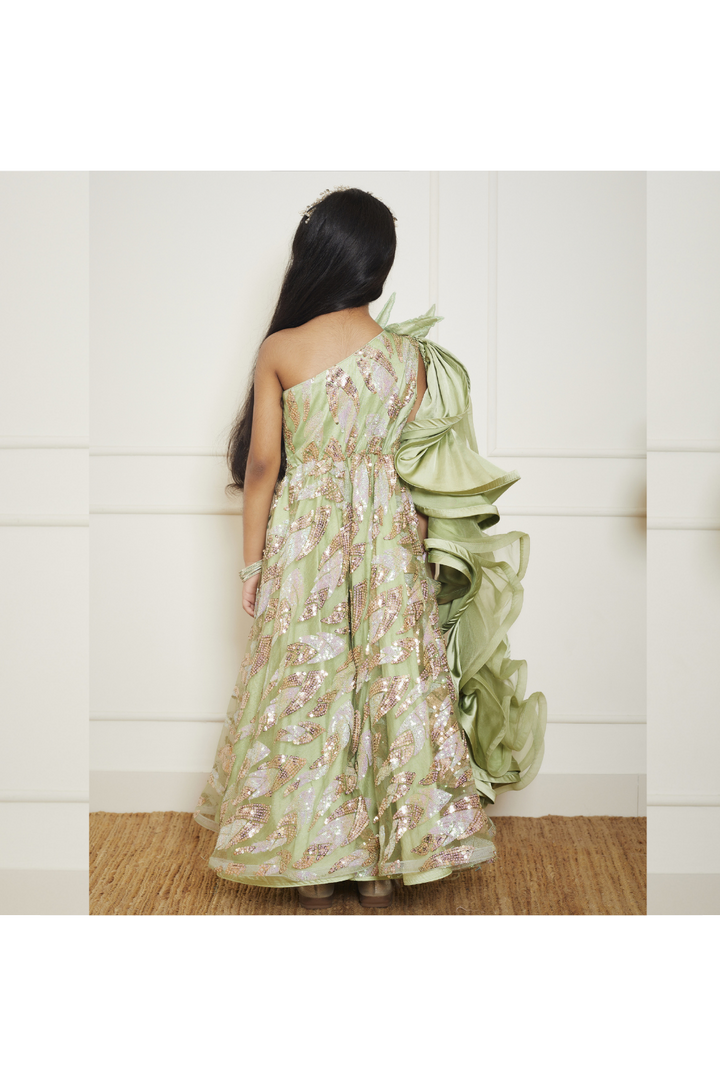 Green Butterfly And Sequin Embellished One Shoulder Net Jumpsuit