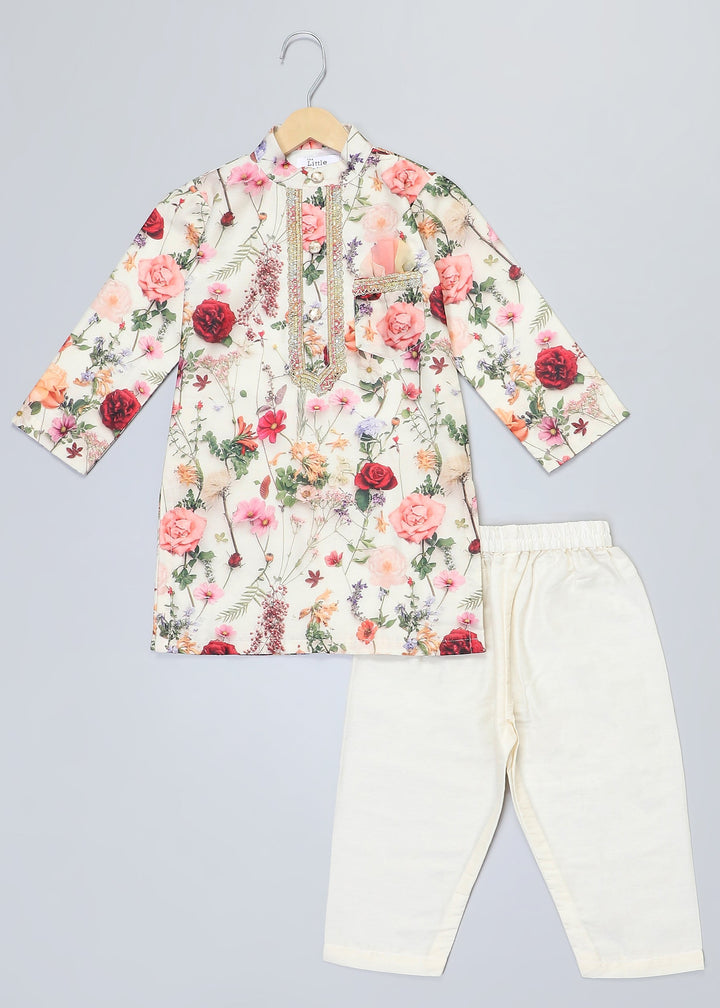 Multicolor Floral Printed Kurta With Off White Pyjama Set