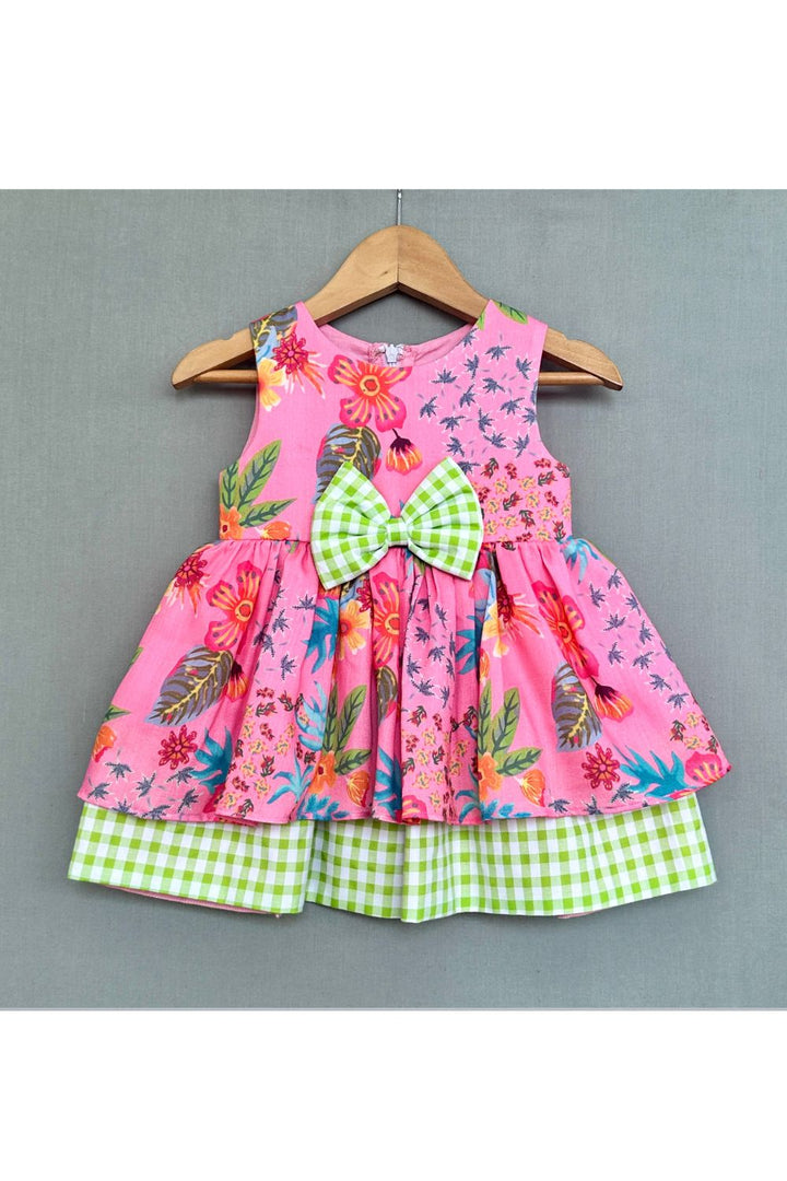 Pink Cotton Floral Dress with Gingham Checks