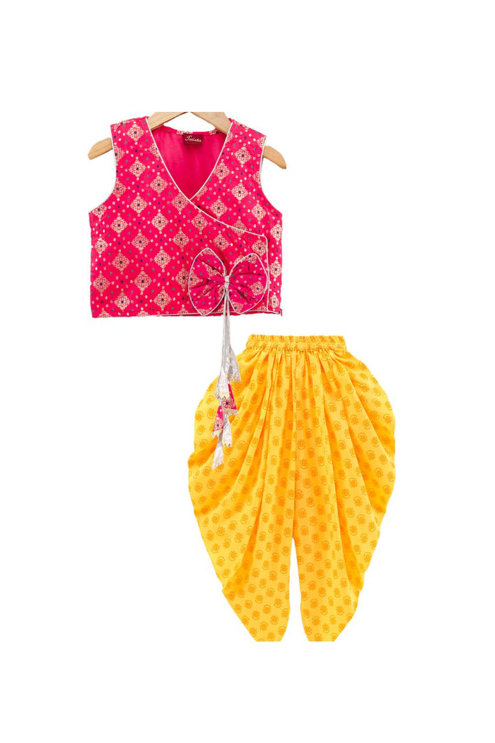 Red Self Design Top & Yellow Printed Dhoti Pant Set