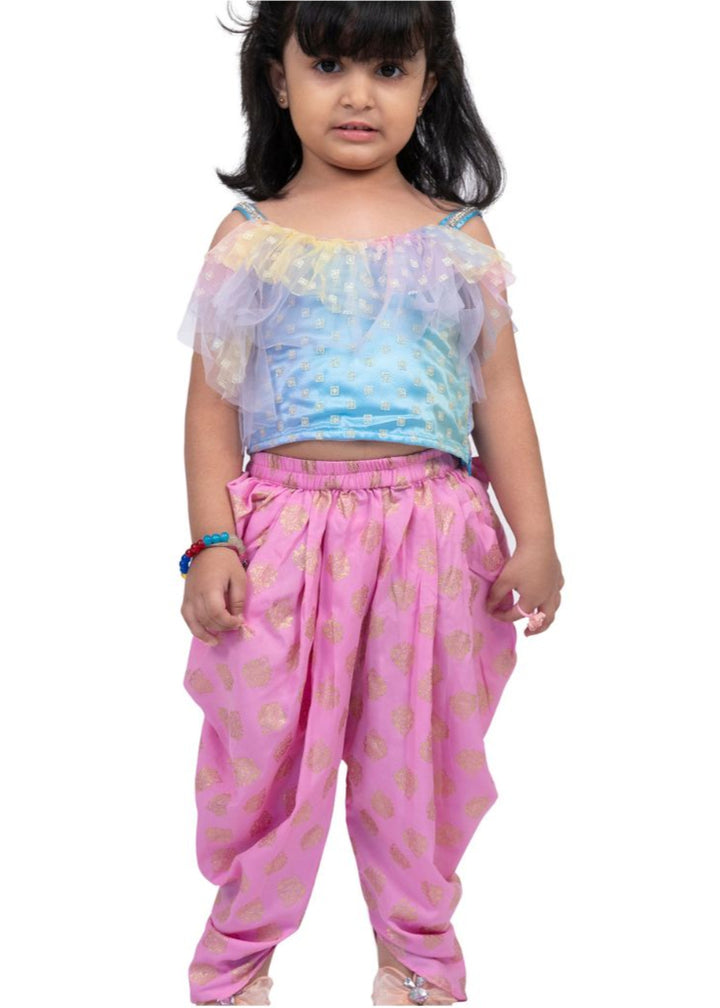 Powder Blue Pink Printed Frilled Sleeveless Top with Dhoti Set