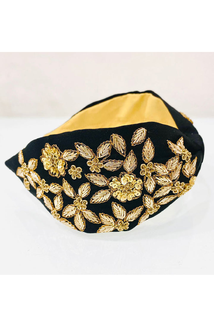 Black And Golden Floral Beads Embroidered Hairband