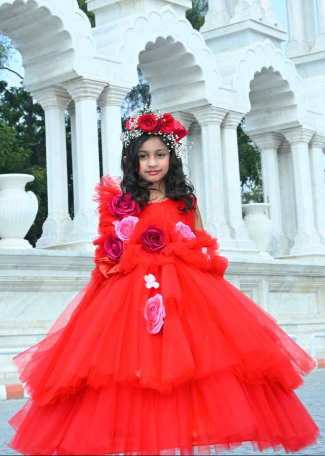Red Butterfly Net Satin Bow With Ruffle Frill Gown