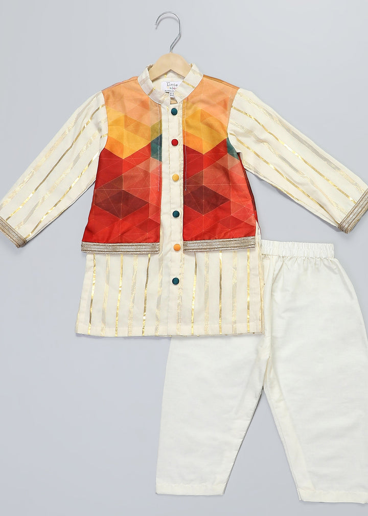 Off White Kurta With Multicolor Attached Jacket and Pyjama Set