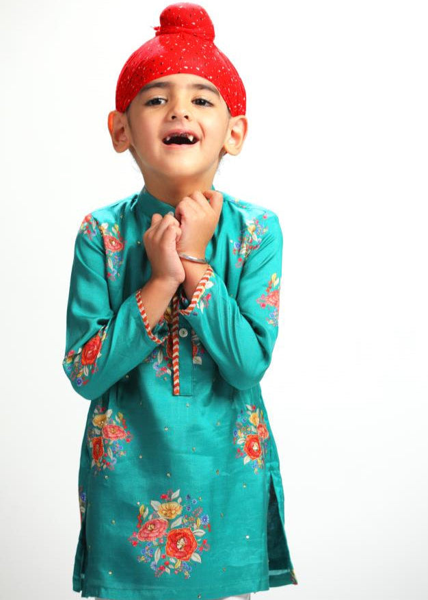 Green Big Floral Printed Kurta With White Pyjama Set