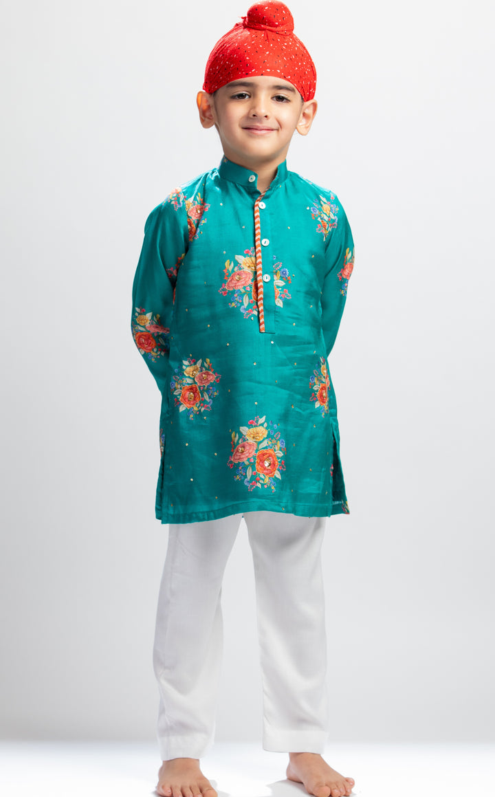 Green Big Floral Printed Kurta With White Pyjama Set