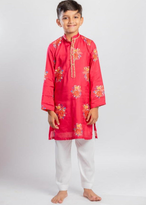 Red Big Floral Printed Kurta With White Pyjama Set