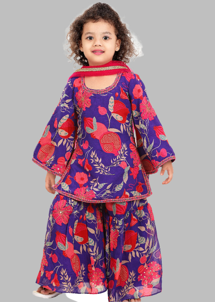 Purple And Hot Pink Digital Printed Kurta With Sharara Set