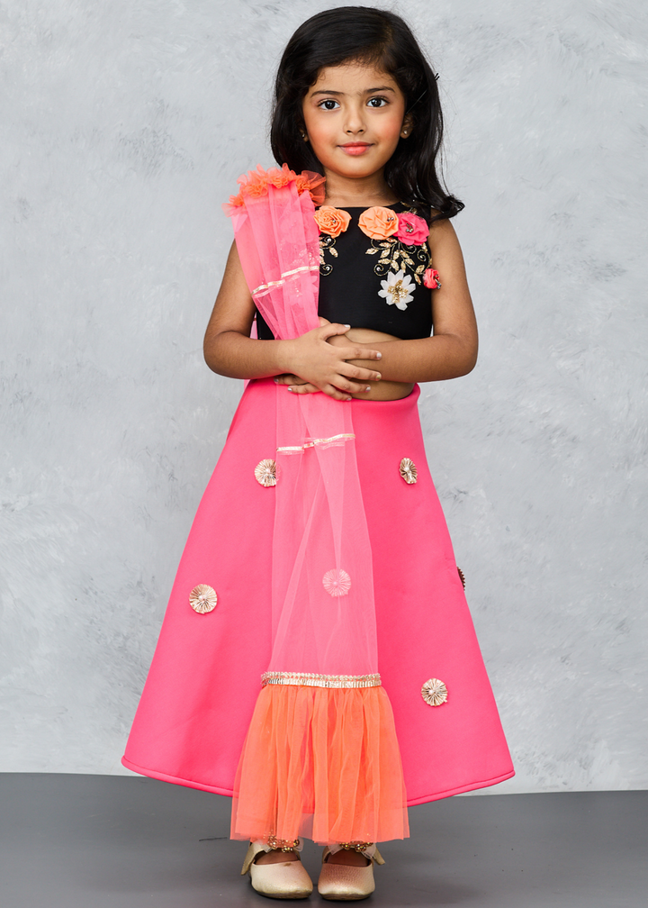 Black Hand Embroidered Choli And Pink Ghaghara With Dupatta Set