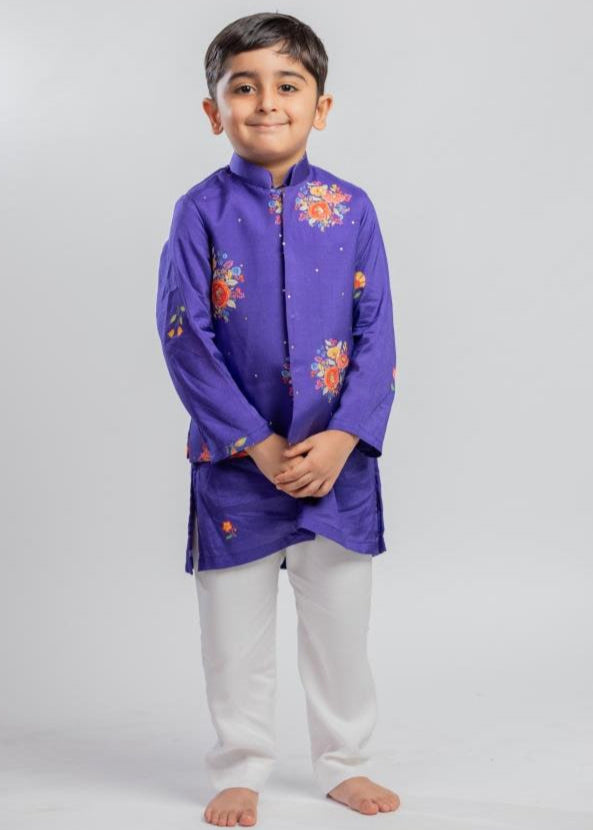 Purple Muslin Kurta And White Pyjama With Purple Floral Printed Jacket Set