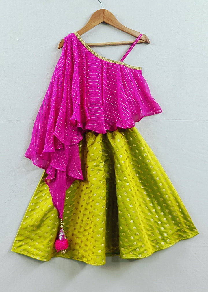 Magenta One Shoulder Drape Top With Flared Brocade Palazzo Set