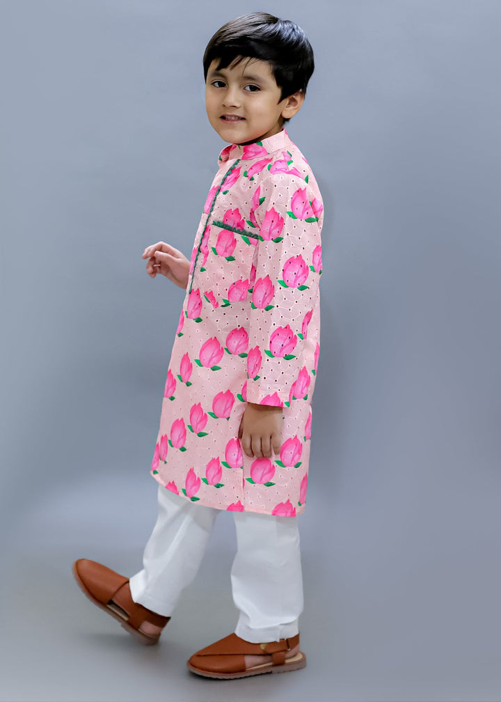 Baby Pink Hakuba Cotton Lotus Printed Kurta With White Pajama Set