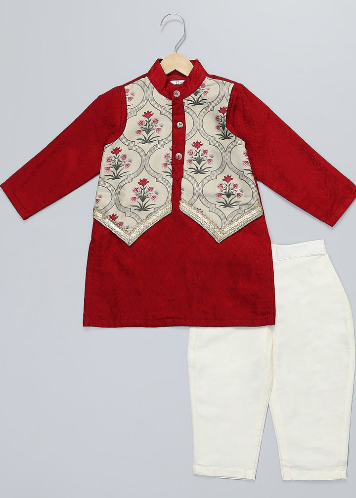 Maroon Mughal Printed Jacket Kurta With Pyjama Set