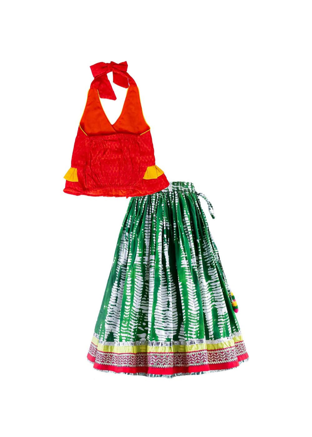 Rust & Green Sleeveless Embroidered Halter Neck Top With Lehenga Set