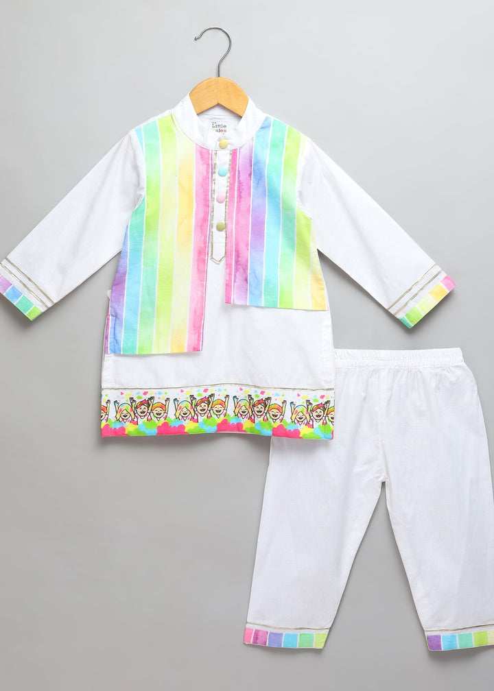 Off White Happy Holi Printed Kurta With Pyjama Set