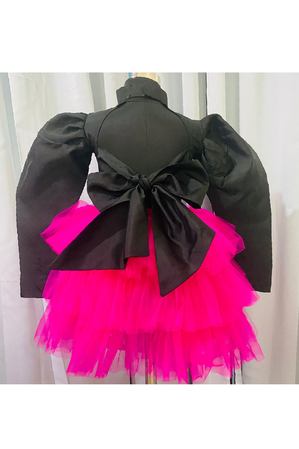 Pink And Black Puff Sleeves Satin Top With Frill Skirt Set