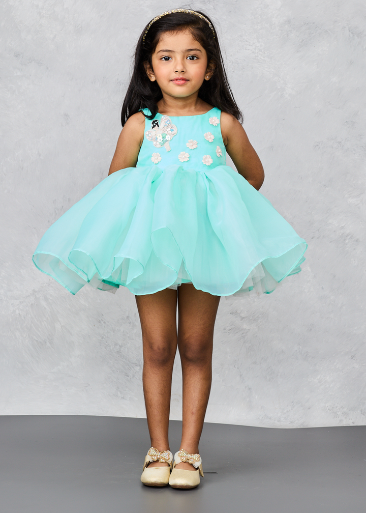 Blue Mesh Elegant Organza With Flower Embellishment Dress