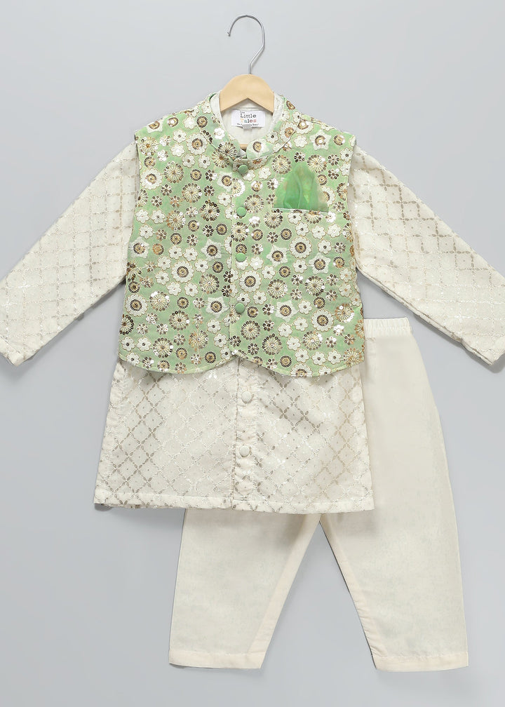 Green Sequins Embroidery Nehru Jacket And Kurta With Pyjama Set
