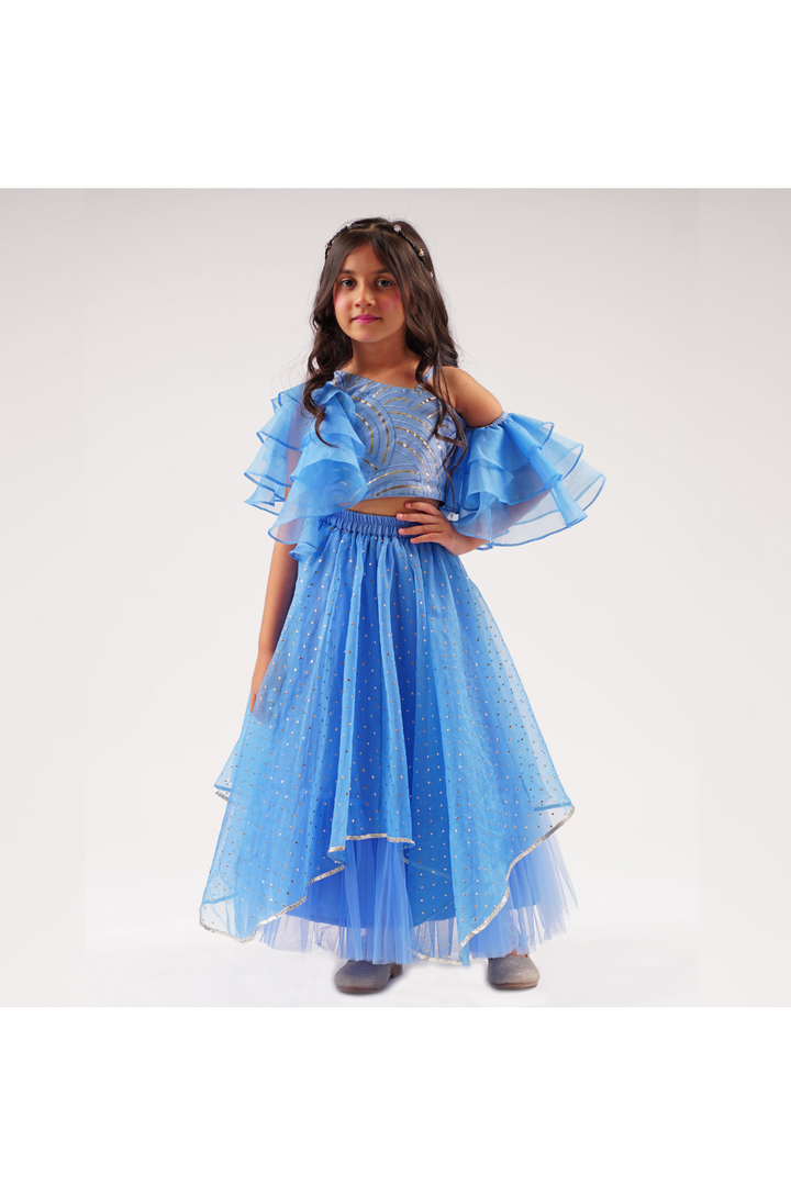 Blue Gota Lace Embroidered One Shoulder Top With Lehenga Set