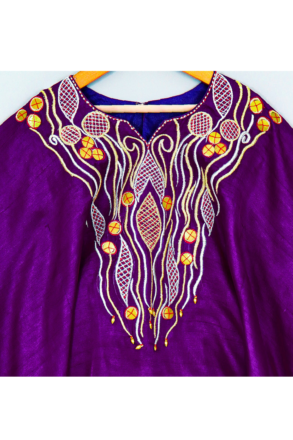 Purple Embroidered Kaftan Style Silk Top With Cowl Pant