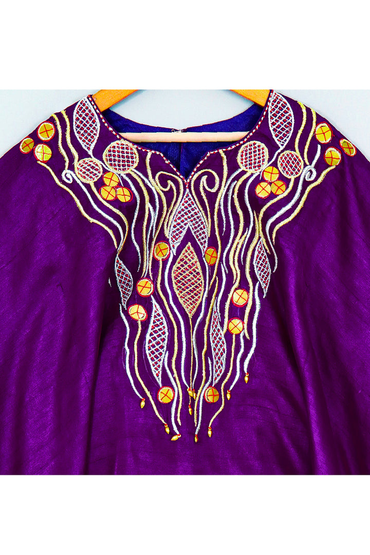Purple Embroidered Kaftan Style Silk Top With Cowl Pant