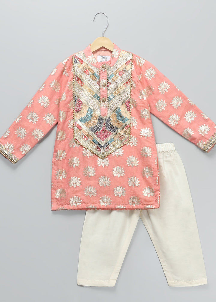 Peach Lotus Printed With Yoke Embroidery Kurta With Pyjama Set
