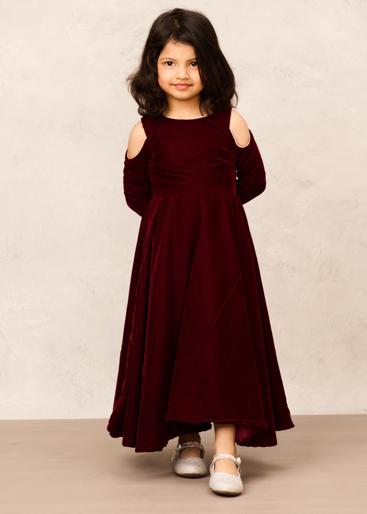 Chic Maroon Goregeous Velvet Full Sleeves Gown