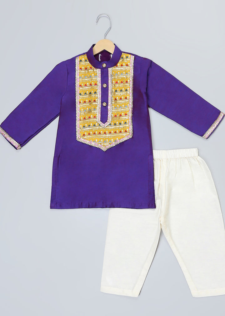 Purple Cotton With Yoke Embroidery Kurta With Pyjama Set