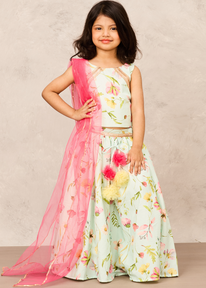 Pista green Floral Exquisite Top And Lehenga With Dupatta Set