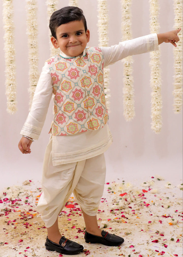 Mishti Off White Geometric Printed Kurta Dhoti With Jacket Set