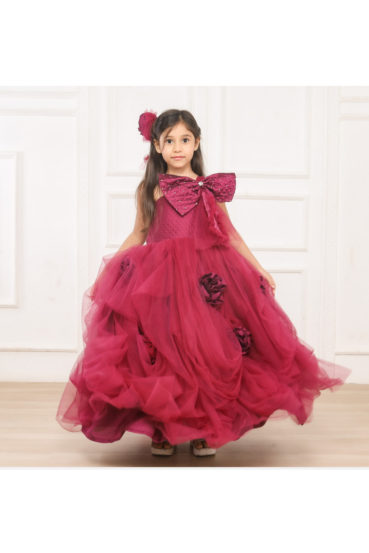 Maroon Big Bow And Flower Embroidered Net One Shoulder Gown