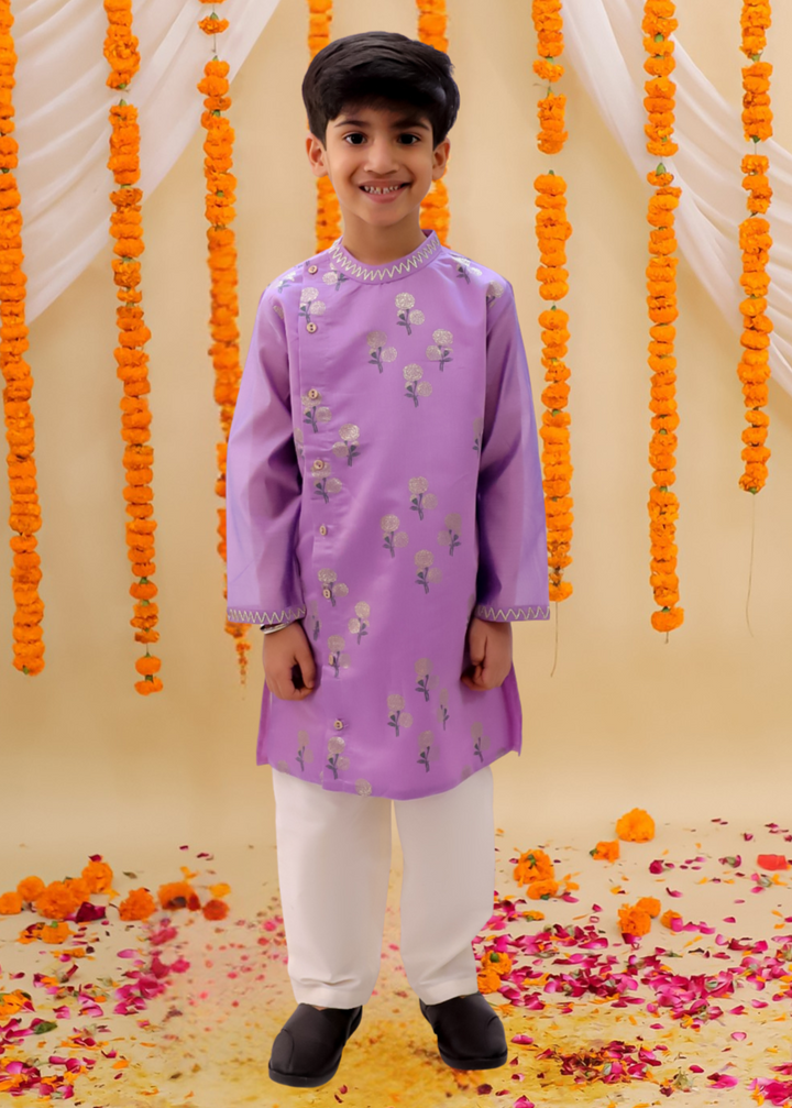 Mishti Purple Foil Printed Chanderi Kurta With Pyjama Set