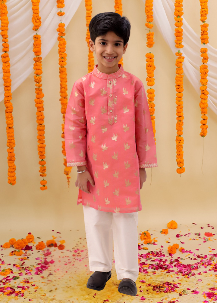 Mishti Peach Bird Printed Chanderi Kurta With Pyjama Set