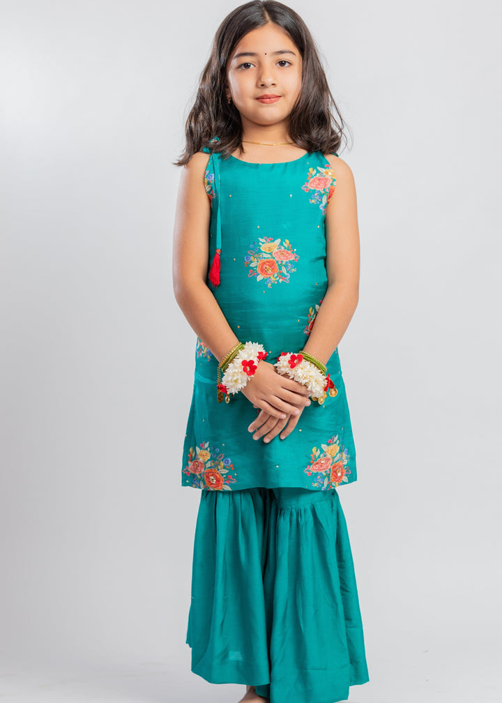 Green Muslin Floral Printed Knot Kurta With Sharara Set