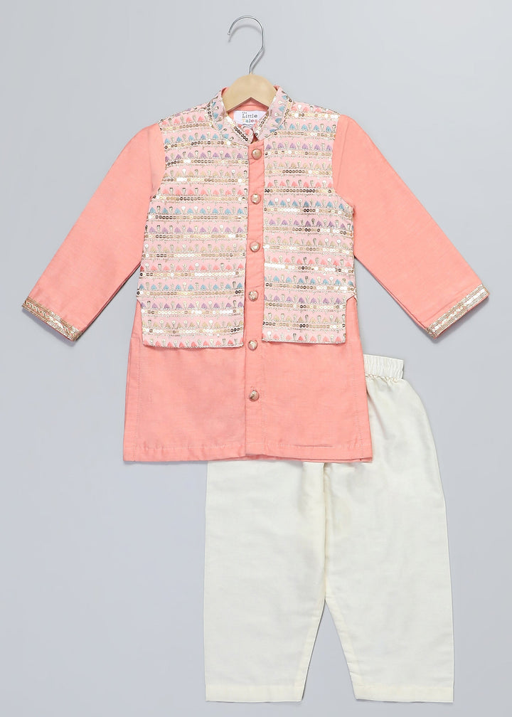 Peach Kurta With Attached Heavy Embroidery Jacket With Pyjama Set