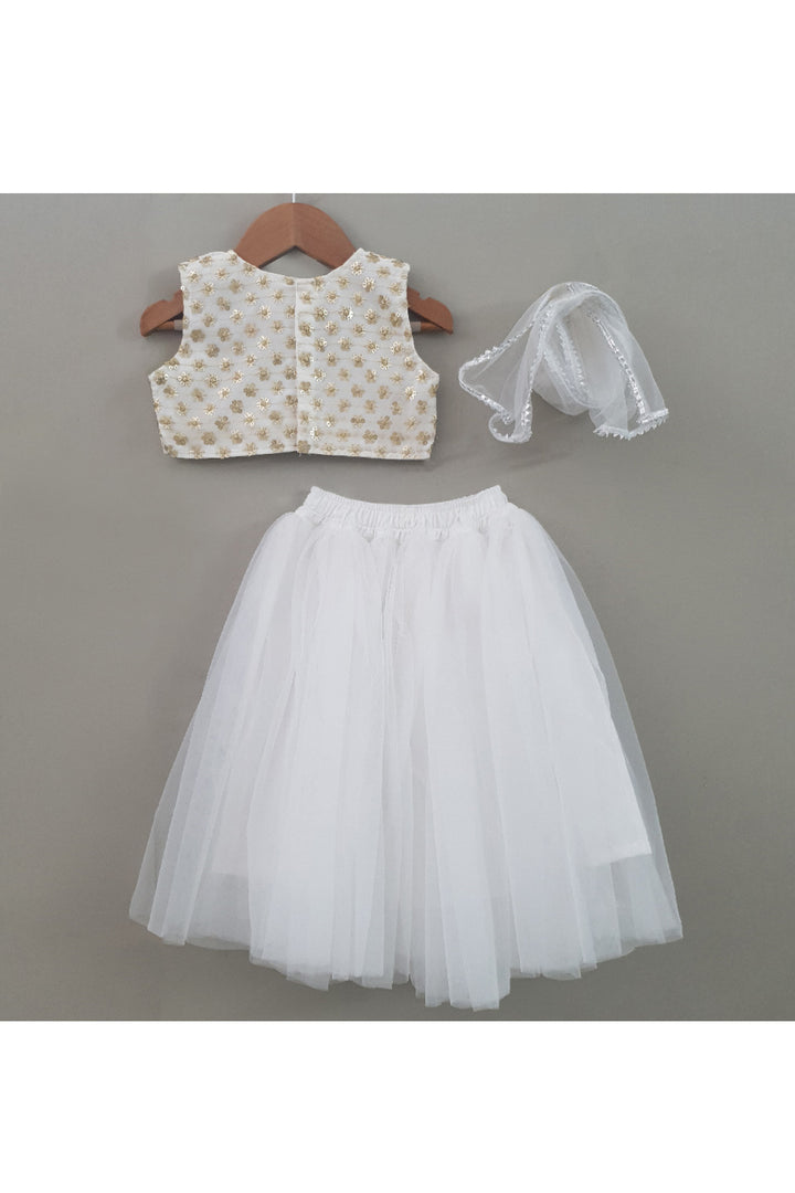 White Embroidered Sleeveless Top With Net Lehenga Set