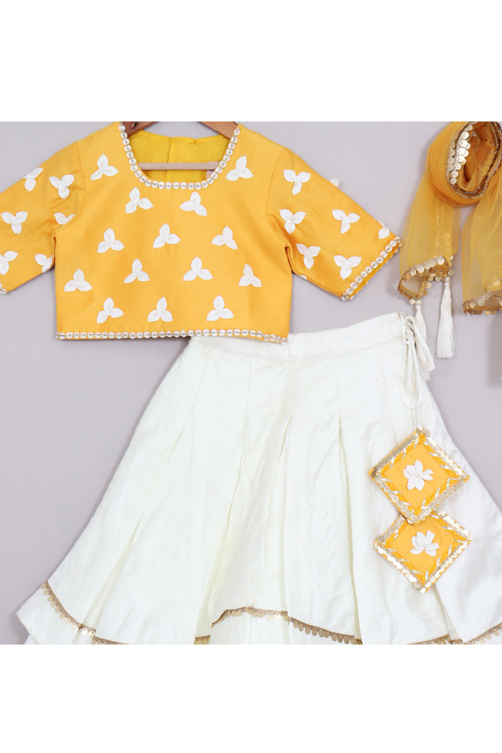 Yellow Floral Embroidered Top With Layered Lehenga Set
