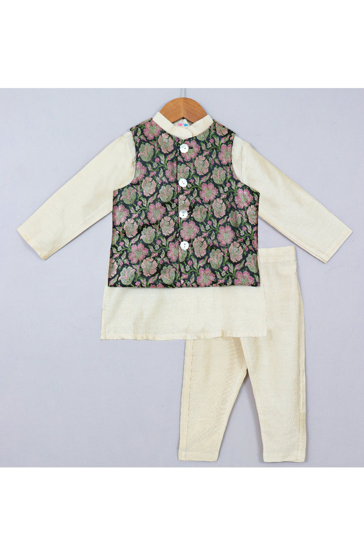 Kurta With Black Brocade Embroidered Jacket Set