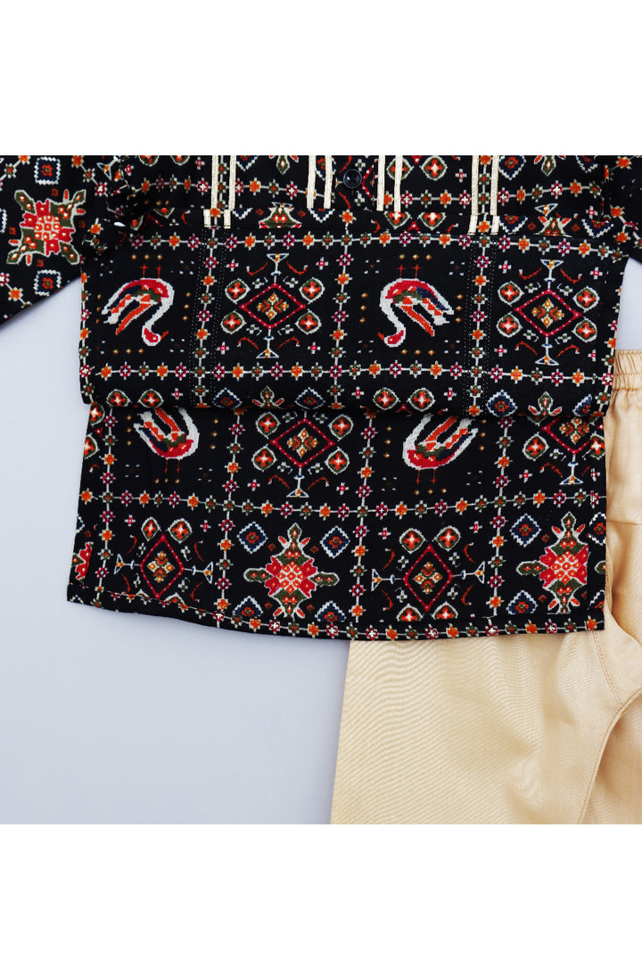 Black Patola Printed Cotton Silk Kurta With Pyjama Set