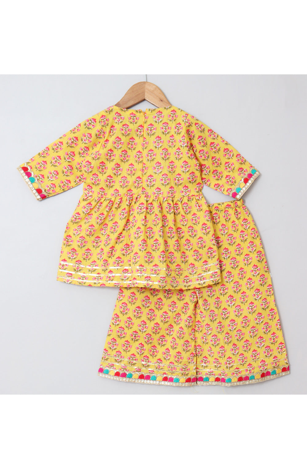 Yellow Block Printed With Multicolor Lace Detailing Peplum Top With Palazzo Set